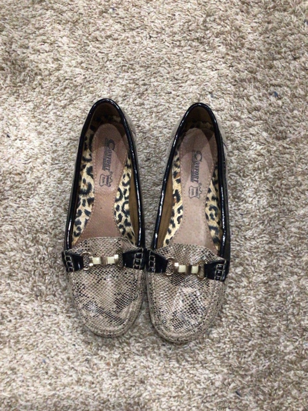 Snake-Print Loafers with Black Patent Trim and Gold Buckle